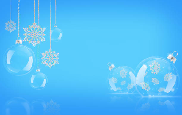 Christmas blue background with transparent balls and glittering snowflakes.