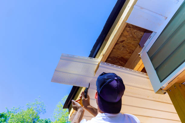 istock Representative of company installed vinyl soffit plastic panels on facade ceiling a new house 2159573354