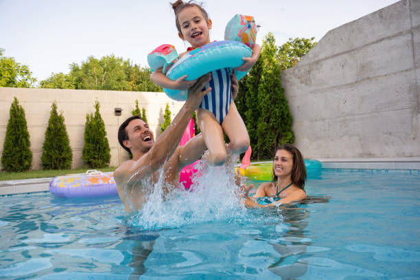 istock Parents with their daughter enjoying a fun summer day at the pool while the father lifting the girl into the air 2159579013