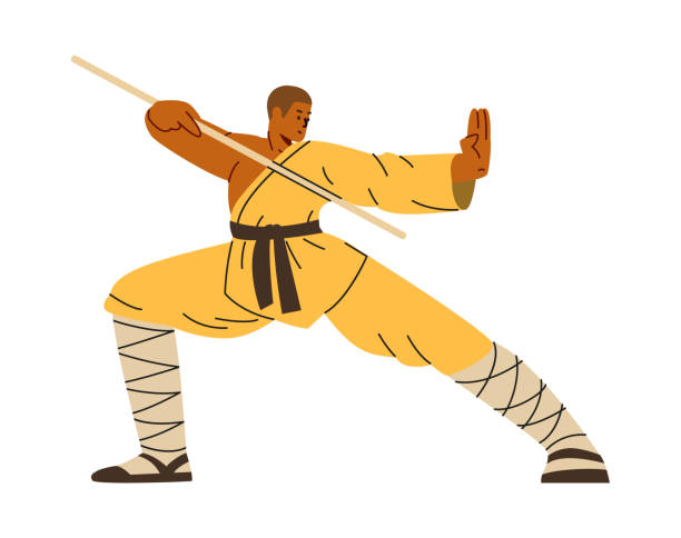 istock Vector illustration with a young Buddhist monk, a man reflecting the fighting pose of masters 2159579477