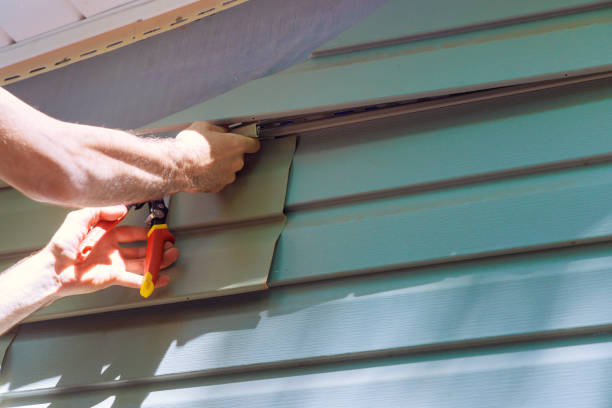 istock Worker installing vinyl plastic siding panels on wall facade of a new house during construction 2159580139