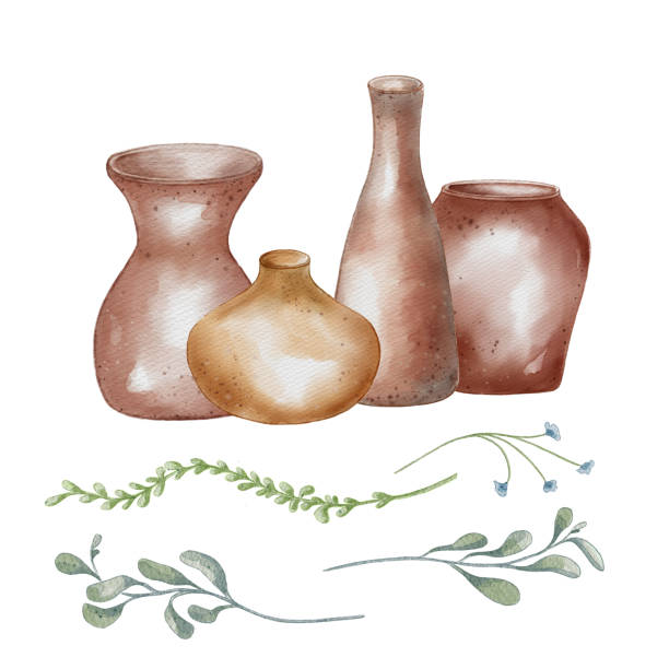 Set of pottery in a row and plant elements in pastel tone. Tall jug and wide vase in watercolor illustration isolated. Leaves and clay dishes hand drawn. For ceramics workshop, school, modeling Set of pottery in a row and plant elements in pastel tone. Tall jug and wide vase in watercolor illustration isolated. Leaves and clay dishes hand drawn. For ceramics workshop, school, modeling. low flower arrangements drawings stock illustrations