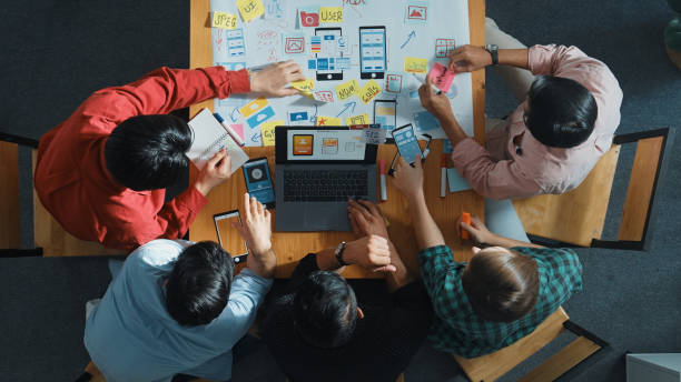 istock Top view of skilled manager using laptop working on Ux Ui design. Convocation. 2159582066