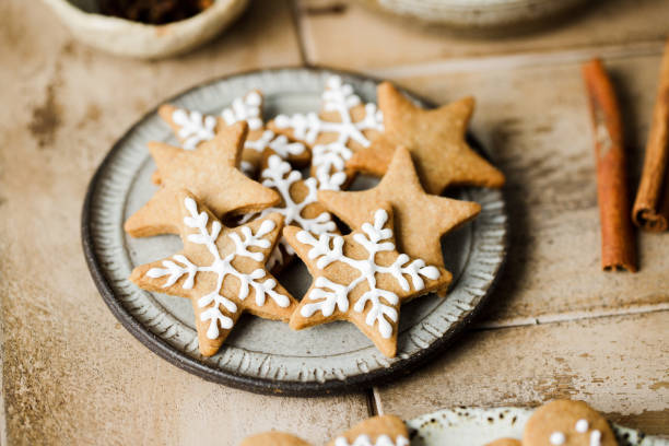 istock Homemade gingerbread snowflakes icing cookies for Christmas 2159582103