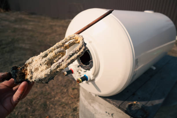 istock Replacing a heating element damaged by scale and limescale. Repair and maintenance of storage water heater. Scale and deposits on the heating element. 2159583672