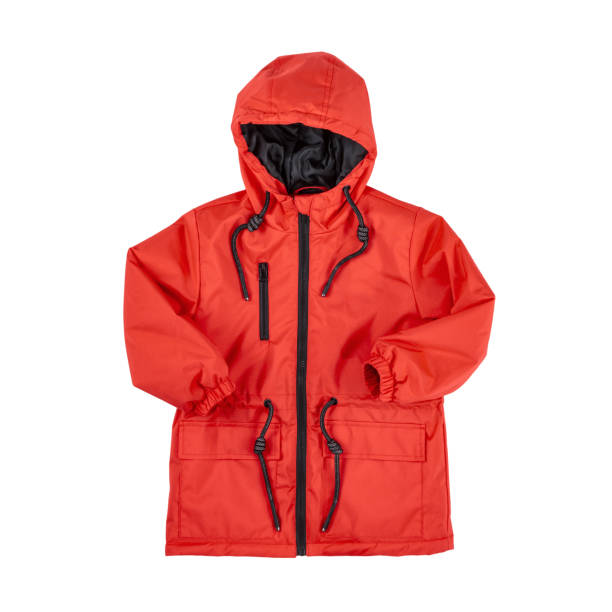waterproof raincoat jacket with a red hood, isolated on a white background close-up
