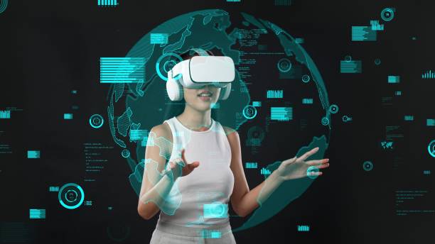 istock Woman in VR headset with digital data global 3D infographic. Hallucination. 2159586931