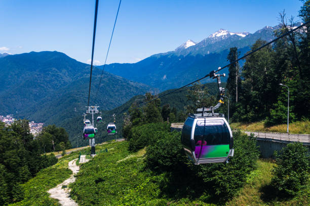 istock Carousel cable car in the mountains, green mountains on a sunny 2159586942