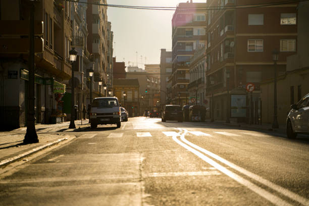 Golden Sunset in the empty street of Valencia district Cabanyal