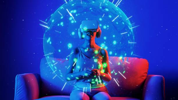 istock Sitting on sofa of woman using VR circle shape to signal on neon. Hallucination. 2159591296