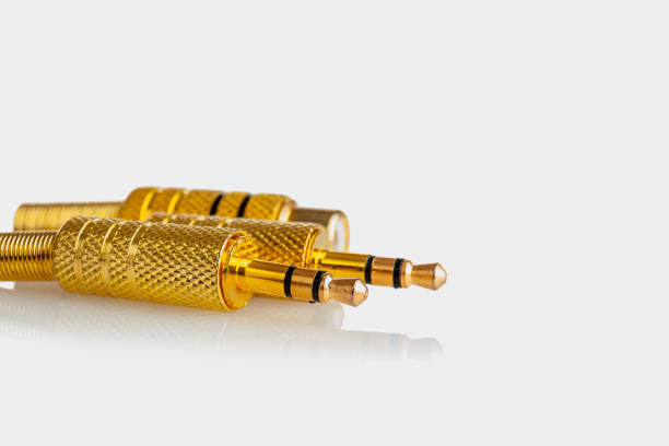 istock 3.5 gold plated audio input and output connectors for audio signal devices, isolated on white background 2159593187