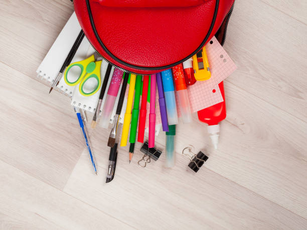 istock Stationery for studying against the background of a student's backpack 2159595999