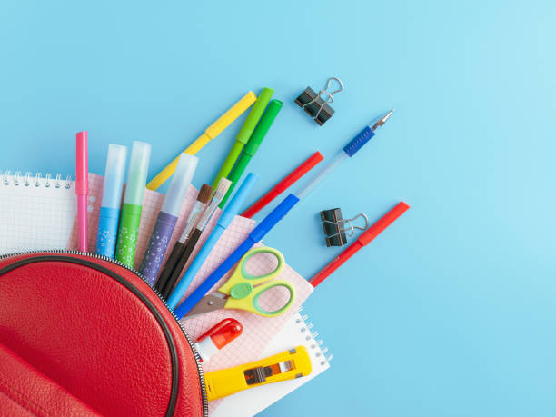 istock Stationery for studying against the background of a student's backpack 2159596182