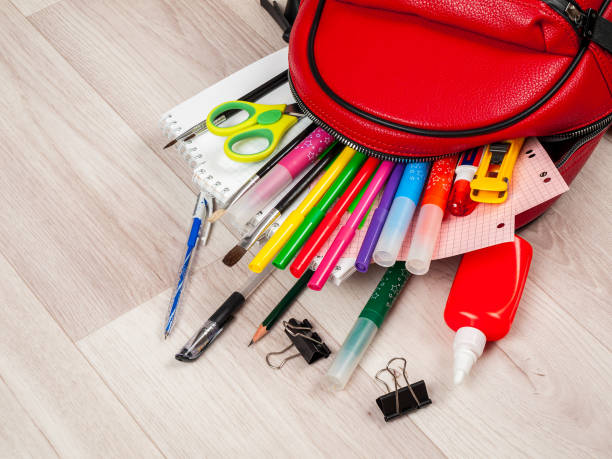 istock Stationery for studying against the background of a student's backpack 2159597087
