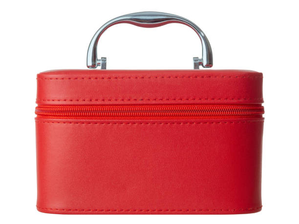 istock Red leather chest bag case with handle isolated on white background close-up 2159597304