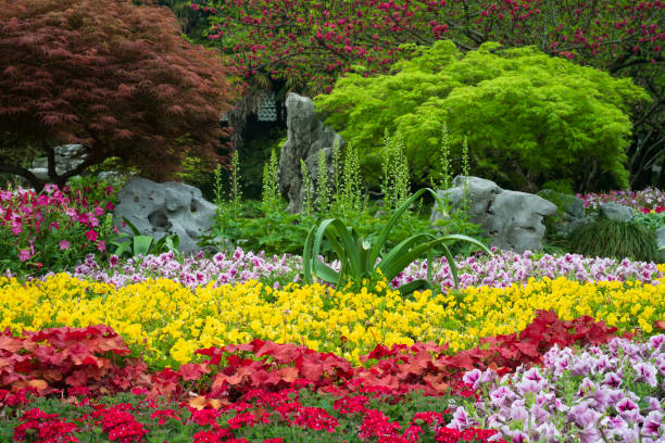 Pastoral view of green and paved paths of Butchart Gardens, Vancouver Island, British Columbia, Canada, in vertical format