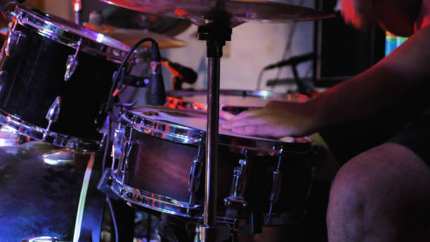 istock Professional drum kit illuminated with spectacular lights, ready to perform 2159601557