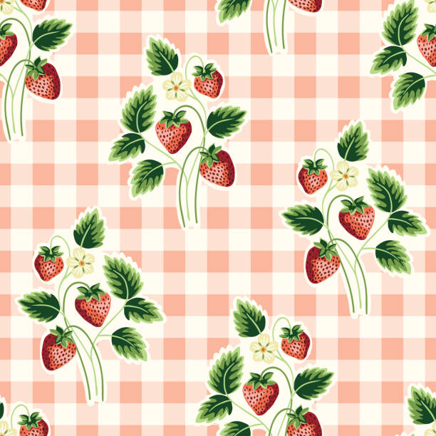 Cottage Core Garden Strawberries with Gingham Checks Vector Seamless Pattern. Vintage Feed Sack Design Cottage Core Garden Strawberries with Gingham Checks Vector Seamless Pattern. Vintage Feed Sack Backdrop With Nostalgic Retro Design. Fresh Summer Fruit Background retro 1950s kitchen stock illustrations