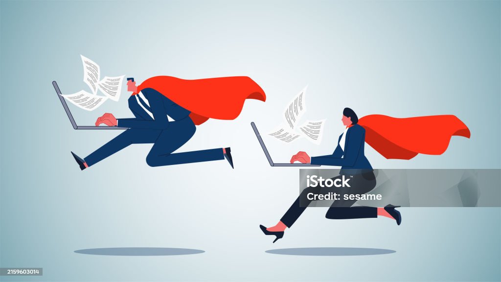 Work fast, complete tasks quickly and efficiently, and get the job done on the run with cape-wearing businessmen and businesswomen Speed stock vector Work fast, complete tasks quickly and efficiently, and get the job done on the run with cape-wearing businessmen and businesswomen Speed stock vector