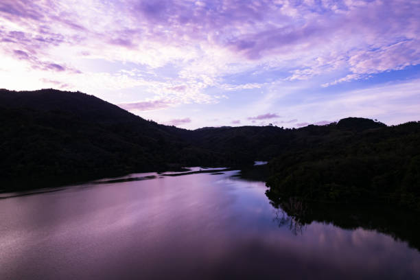 Landscape mountains nature view from Drone camera in sunset or sunrise sky background