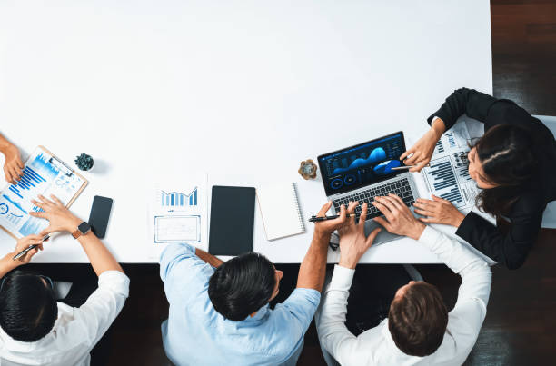 istock Group of office worker and businesspeople working on empty space. Prudent 2159610006