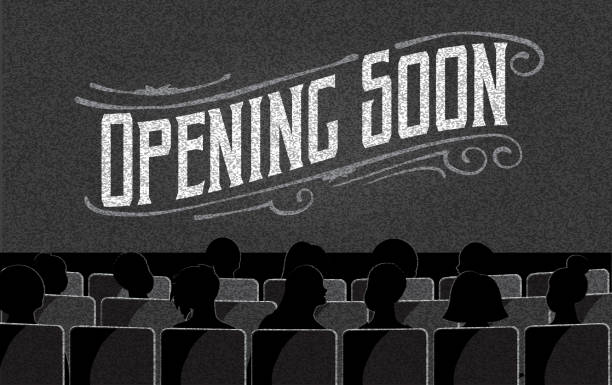 Vector illustration of a Retro Theatre stage design with stage, audience silhouettes in seats and Opening Soon text in spotlight, lot's of grain and textures. 4k aspect ratio. Lot's of texture, fully editable.