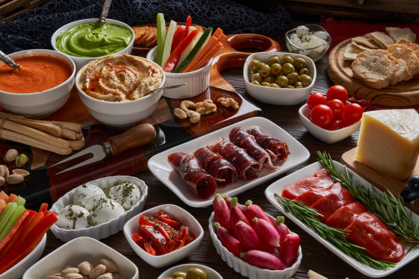 istock Homemade antipasto assortment on rustic wooden table. 2159612383
