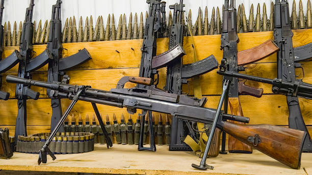 machine gun, mounted on a table, image for magazines and articles about military equipment. Selective focus.