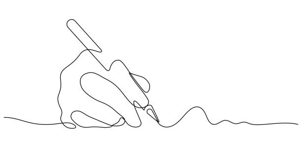 hand writing with digital pen minimalism continuous one line hand writing with digital pen minimalism continuous one line drawing illustration person writing on notepad stock illustrations