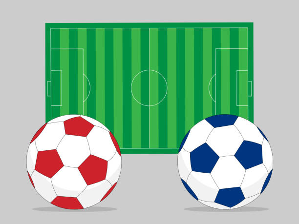 Blue vs Red football Blue football vs Red football in front of football field (concept). scotland football team stock illustrations
