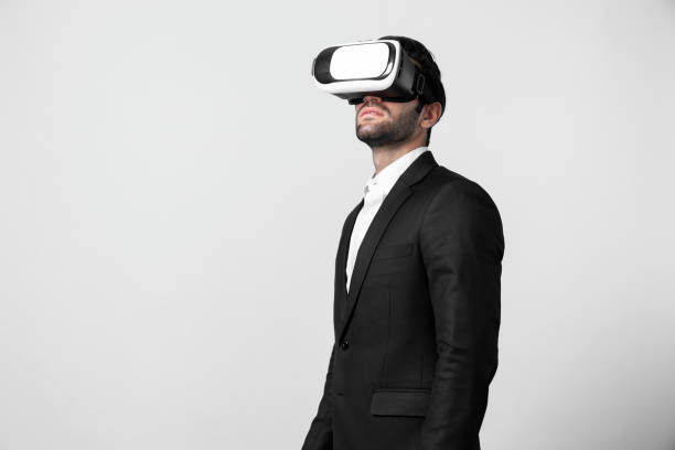 istock Professional project manager with VR glasses stand and look around. Deviation. 2159621570