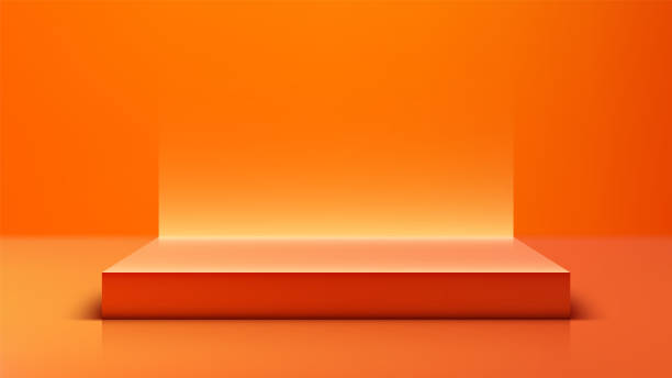 istock Modern 3D Red Podium on Bright Orange Background with Glowing Light, Minimalist Style Product Display 2159624460