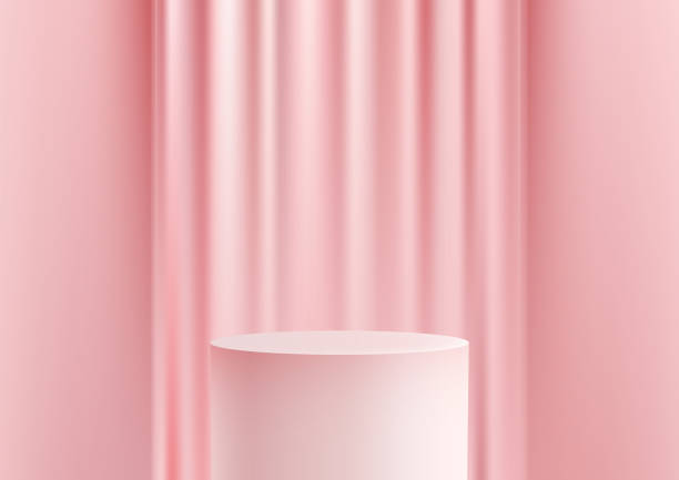 istock 3D White Color Podium with Pink Curtain on Pink Wall Background, Luxury Style Product Display Mockup for Showroom 2159624469