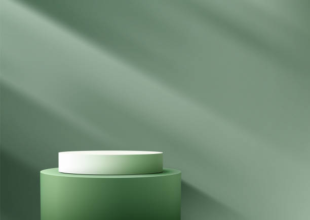 istock Modern 3D Green and White Podium with Light Beam for Elegant Product Display, Nature Concept Mockup 2159624482