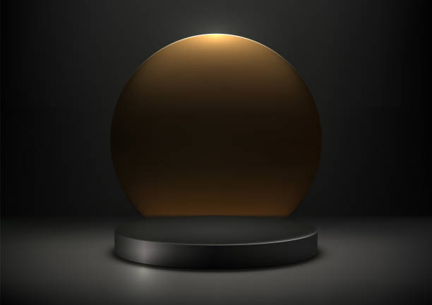 istock Luxury 3D Black Podium with Gold Sphere on Dark Room Background for Product Display, Mockup, Showroom 2159624514