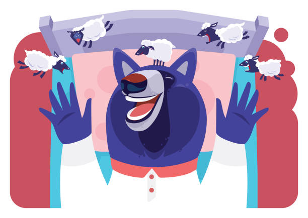 wolf sleeping in bed and catching sheep in dream vector illustration of wolf sleeping in bed and catching sheep in dream wolf and lamb stock illustrations
