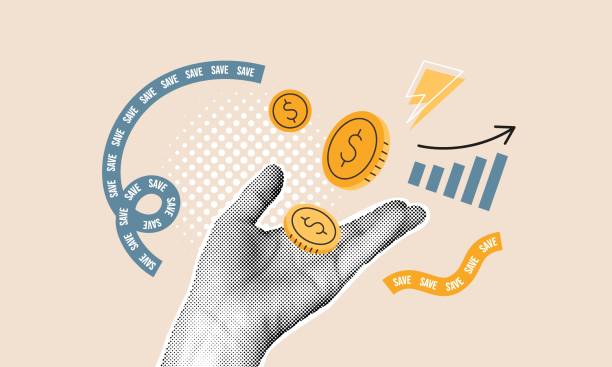 tangan halftone menangkap koin bergambar. - invest concept ilustrasi stok