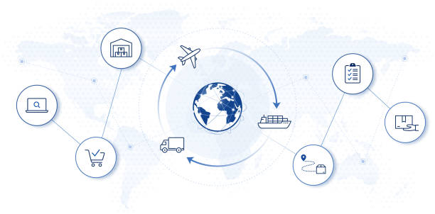 Online shopping world with Ecommerce, logistics, delivery icons process of global ecommerce business on world map background illustration global logistics infographic stock illustrations