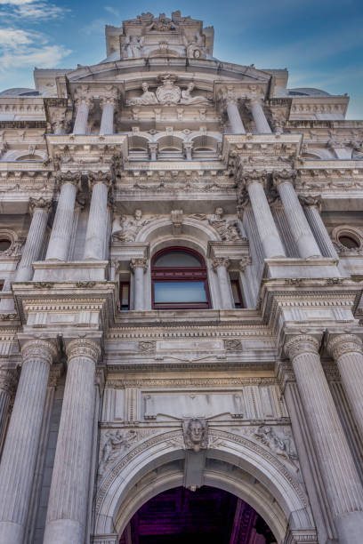 About 250 sculptures adorn the outside of Philadelphia’s City Hall. The building was designed in the French Second Empire Style, and Alexander Milne Calder designed all of the sculptural decoration, including the 37-foot statue of William Penn atop the tower. At 548 feet, City Hall is the world’s tallest masonry building.