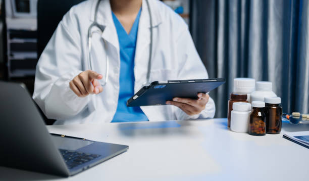 istock Medical technology concept. Doctor working with mobile phone and stethoscope 2159628706