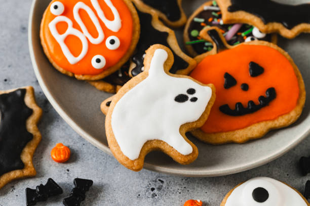 istock Close-up of various Halloween gingerbread cookies 2159630056