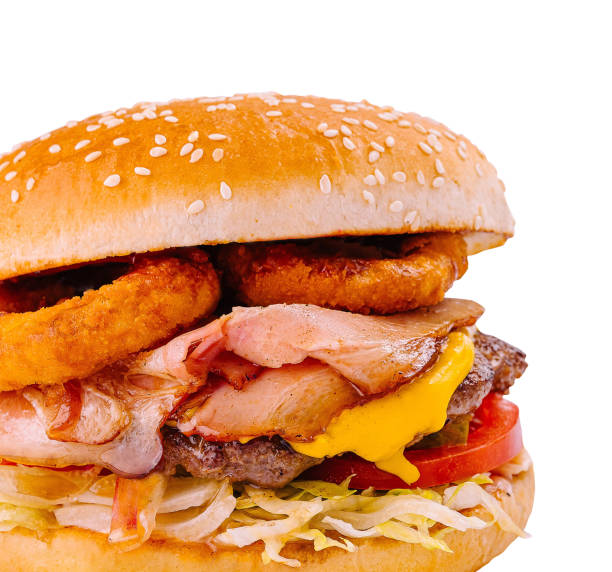istock Delicious bacon and onion rings cheeseburger isolated on white 2159632493