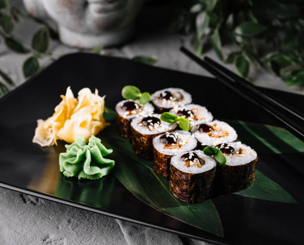 istock Gourmet sushi platter on elegant black plate 2159632556