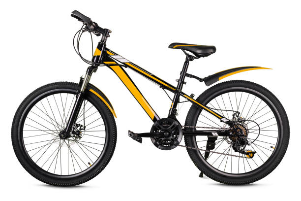 istock Modern black and yellow mountain bike isolated on white 2159633636