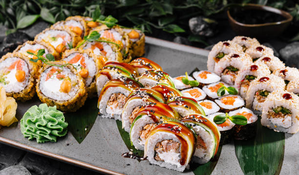 istock Gourmet sushi platter with sauces and garnishes 2159633794