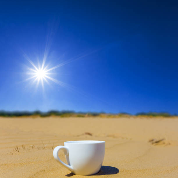 closeup white coffee cup stay on sand under a sparkle sun