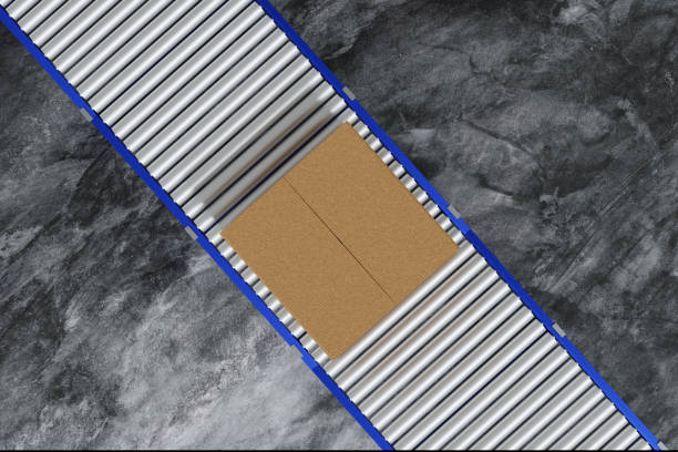 Cardboard box parcel container on conveyor belt, production ling automated machine, 3D rendering.