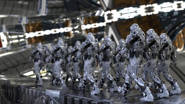 space soldiers, a squad of stormtrooper guards marching through the space station, cyborgs sci-fi style