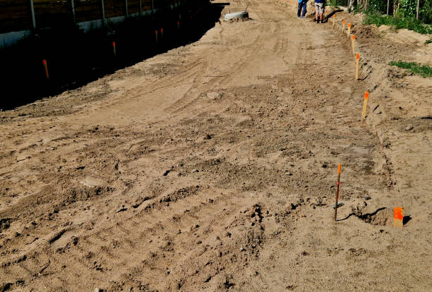 istock staking out the construction work means its location in the field, marking its projected size and shape.In doing so, the spatial position of the projected object must be observed 2159637407