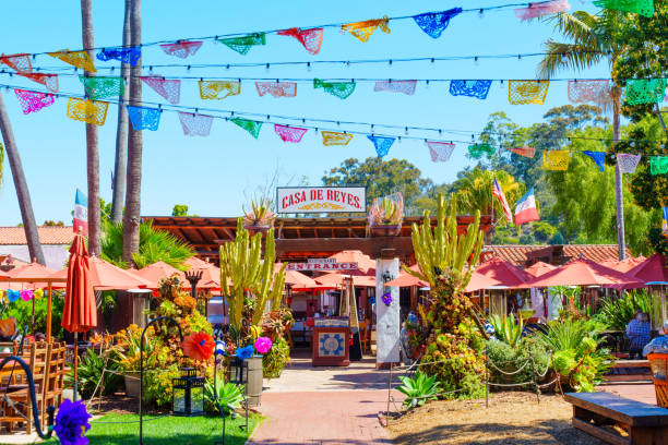 San Diego, California - April 16, 2024: Casa de Reyes outdoor restaurant with vibrant decorations in courtyard, Old Town San Diego
